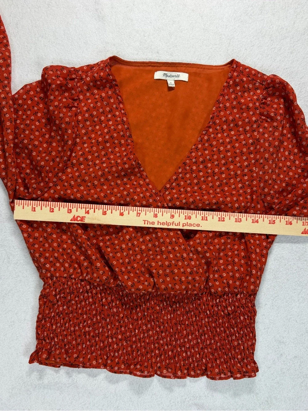 Madewell Red Floral Faux Wrap Wide Elastic Waist Blouse Size Small Puff Sleeve S